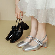 Baotou Sandals Womens Summer French Mary Jane Shoes 2024 New Strap High Heels Thick Heels Square Toe Single Shoes