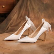 9888A-077 Satin bow stiletto white high heels elegant wedding shoes high-end banquet daily dress