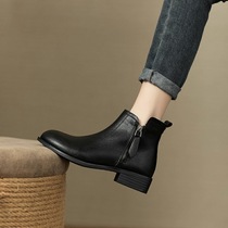2024 new style British short soft leather round toe side zipper short boots for women Chelsea versatile thick heel fashion boots ankle boots
