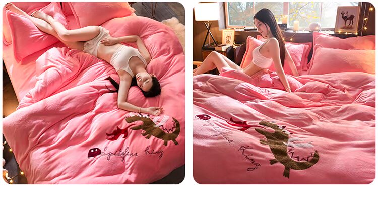 Khăn đỏ thêu lông cừu san hô bốn mảnh đặt dày ấm flannel flannel lông cừu hai mặt cashmere tấm 1.8m bộ chăn gối