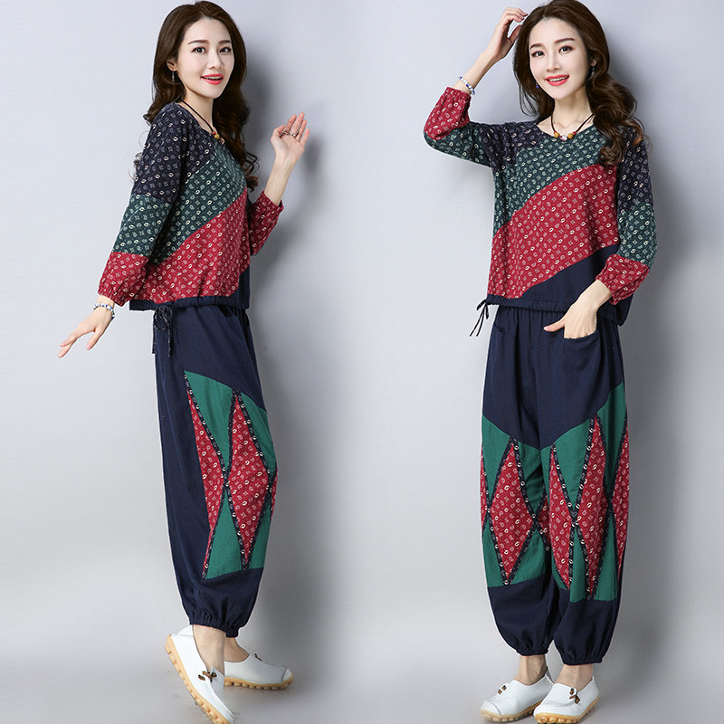 棉麻两件套装女2018春装新款民族风女装复古贴布撞色上衣+长裤潮