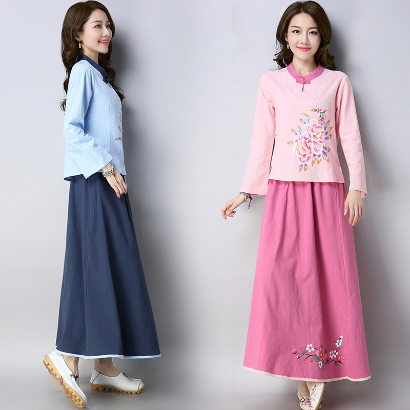 棉麻套装民族风女装2018春季新款茶服印花上衣+印花半身裙两件套
