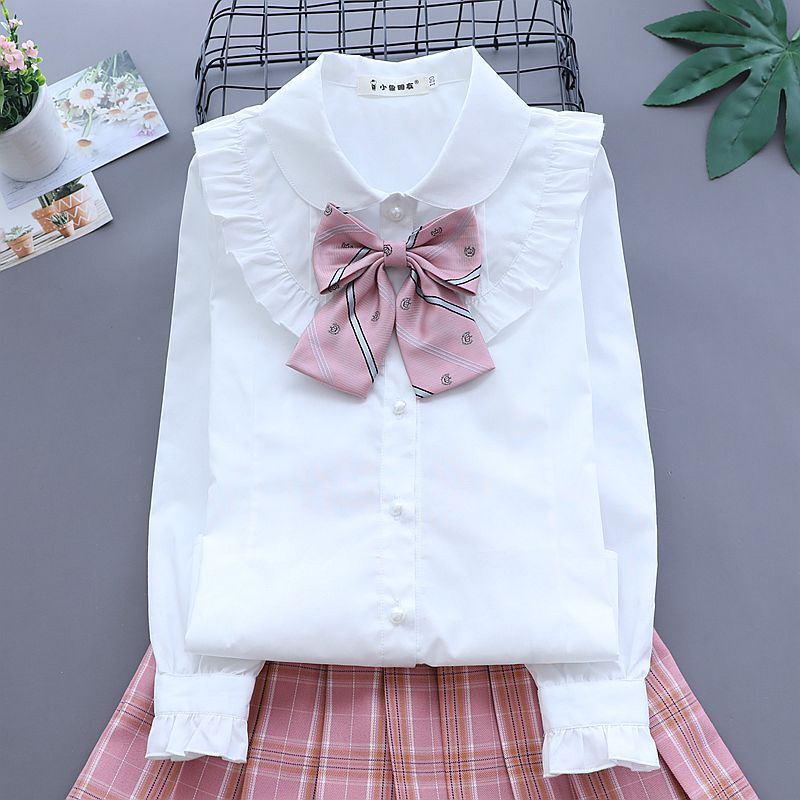 Spring and Summer New Girls' White Shirt Princess Long-Sleeve Cotton Children's Base Shirt Collared Shirt Top for Ages 12-15