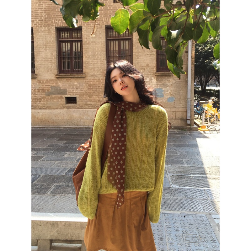 LAOSHU Sweet Japanese-Style Matcha Green Sweater, Lazy and Sophisticated, Autumn and Winter Women's Long-Sleeved Knit Top, Can Be Worn as an Inner Layer or Outerwear