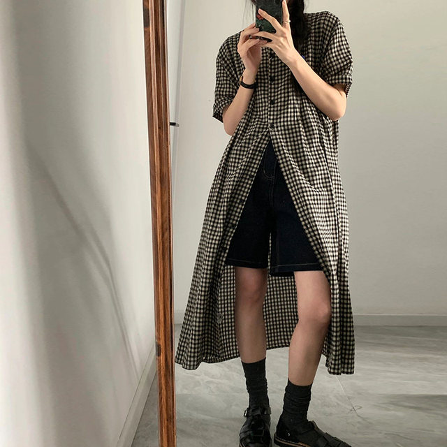 Self-made Japanese retro plaid short-sleeved shirt skirt women's summer college style loose mid-length slim layered dress