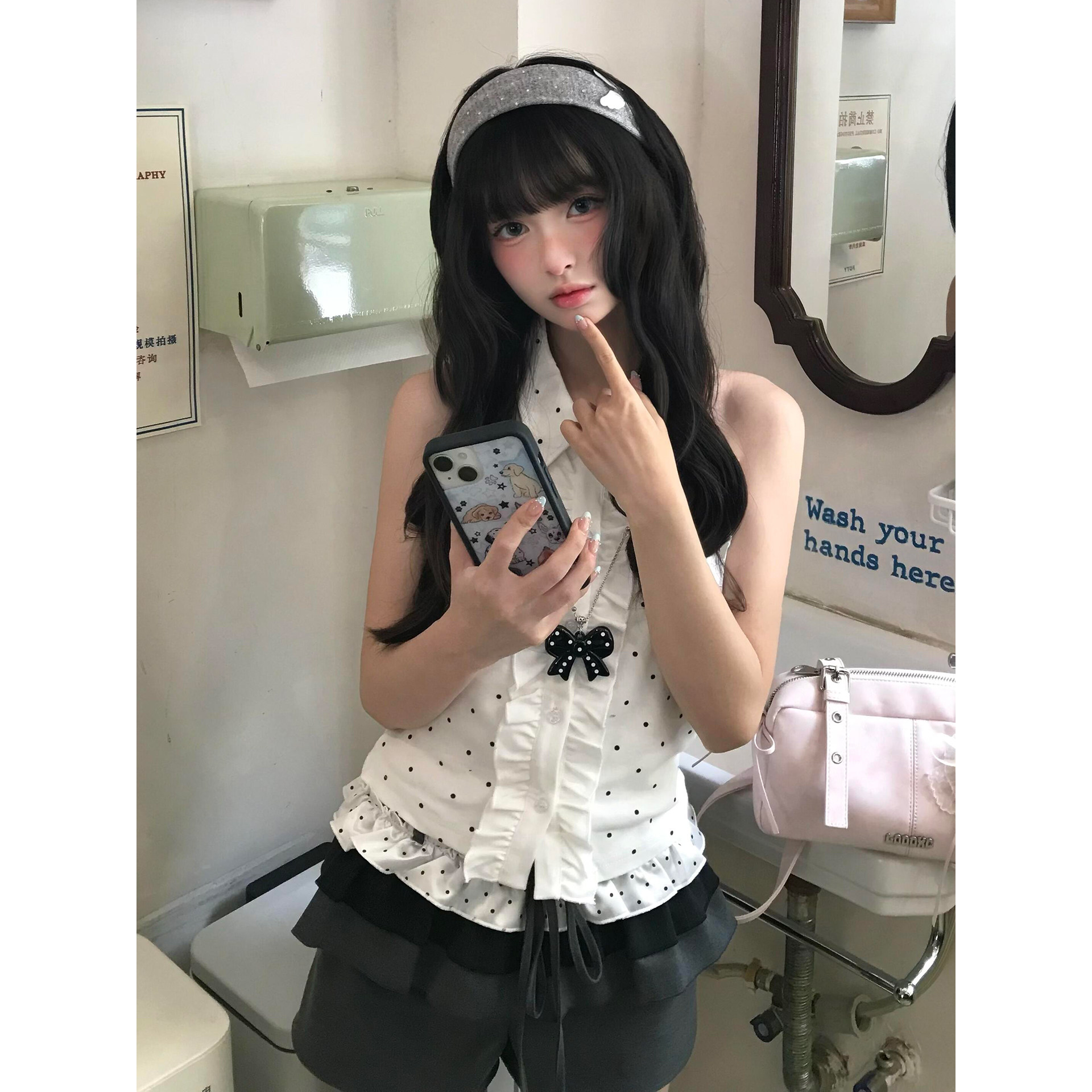 Japanese style cute white polka dot sleeveless shirt for women, summer, petite student style, ruffled design, slimming top.