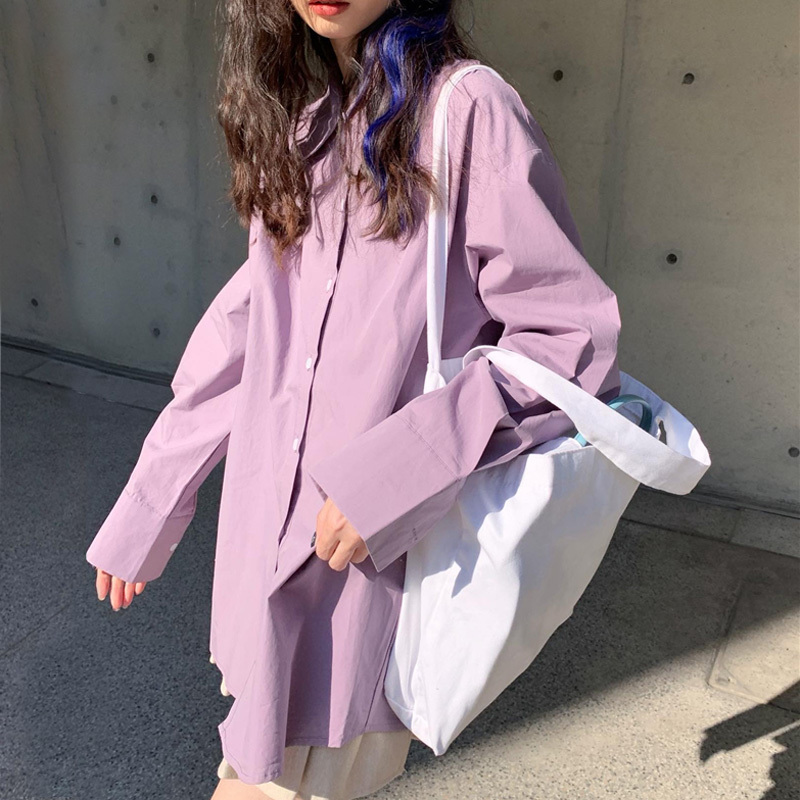 LAOSHU Japanese-Style Periwinkle Blue Shirt for Women, Mid-Length, Loose-Fitting, Bf Lazy Style, Drapey Texture, Light Purple Long-Sleeve Shirt LAOSHU Japanese-Style Periwinkle Blue Shirt for Women, Mid-Length, Loose-Fitting, Bf Lazy Style, Drapey Texture, Light Purple Long-Sleeve Shirt