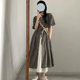 Self-made Japanese retro plaid short-sleeved shirt skirt women's summer college style loose mid-length slim layered dress