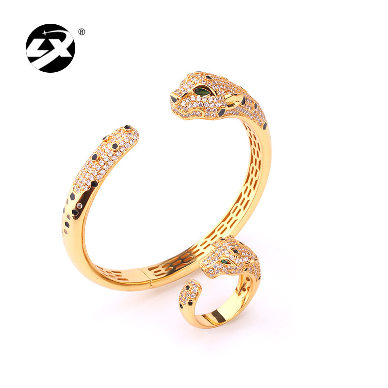 European and American Style Fashionable and Elegant Leopard Bracelet and Ring Set with Resin Micro-Inlay, Personalized Spotted Leopard Head Jewelry European and American Style Fashionable and Elegant Leopard Bracelet and Ring Set with Resin Micro-Inlay, Personalized Spotted Leopard Head Jewelry