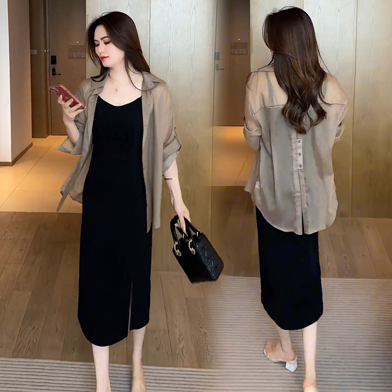 Fashionable and Stylish Suit Dress for Women 2024 Summer New Style Elegant Slimming Sun Protection Cardigan Suspender Dress Two-Piece Set
