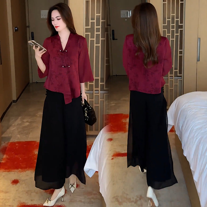 New Chinese-Style Fashion Suit for Women, Summer New Elegant Mulberry Silk Top and Wide-Leg Pants, Slimming Two-Piece Set, Trendy