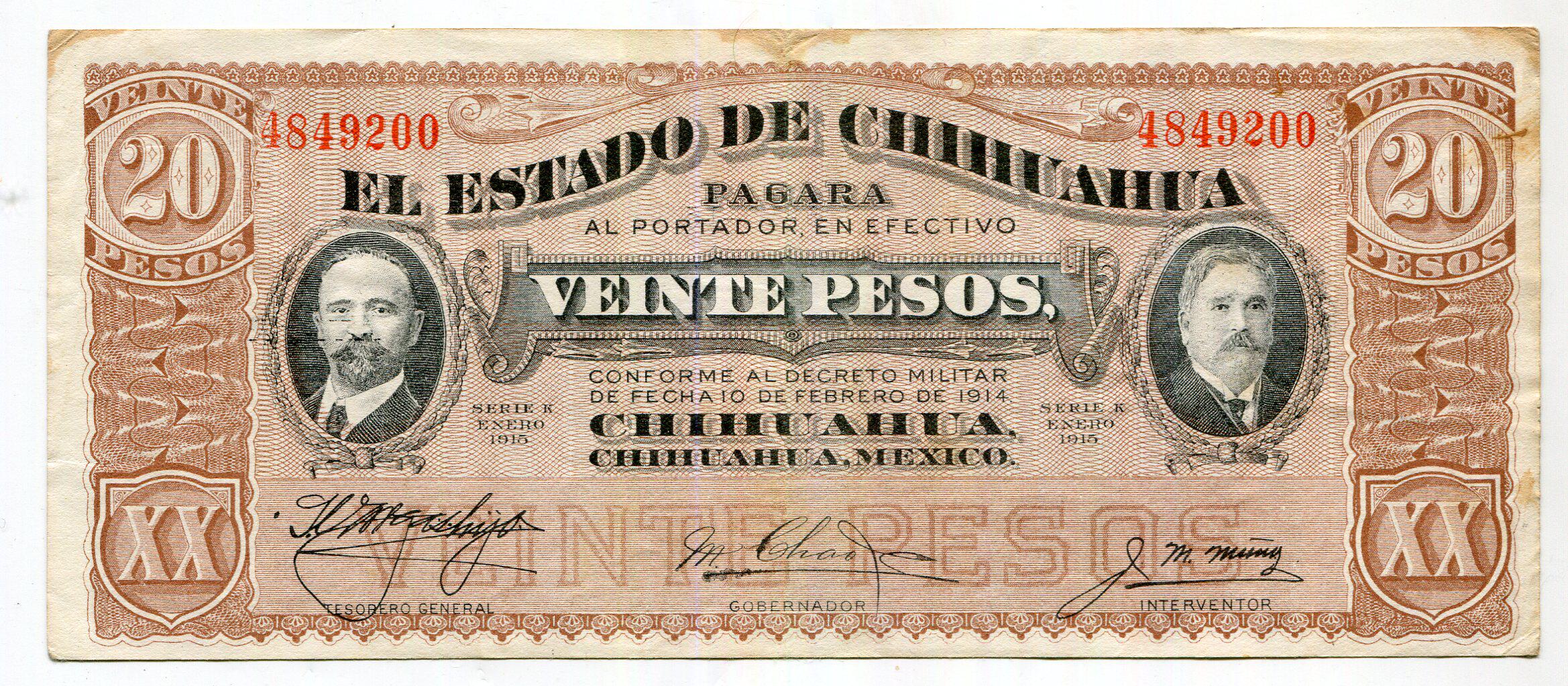 Mexico 20 pesos 8 pint notes JM24 1914