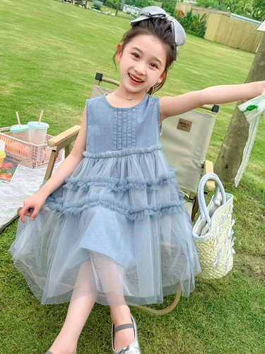 Детское джинсовое платье без рукавов, юбка, наряд маленькой принцессы, летняя одежда, в западном стиле