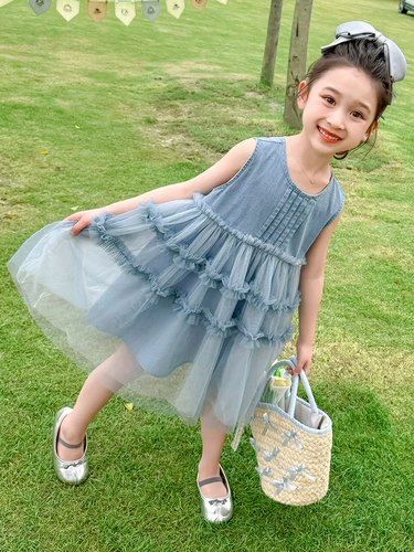 Детское джинсовое платье без рукавов, юбка, наряд маленькой принцессы, летняя одежда, в западном стиле