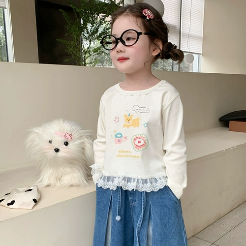 Детская футболка, базовый приятный телу осенний весенний милый лонгслив, в западном стиле, детская одежда