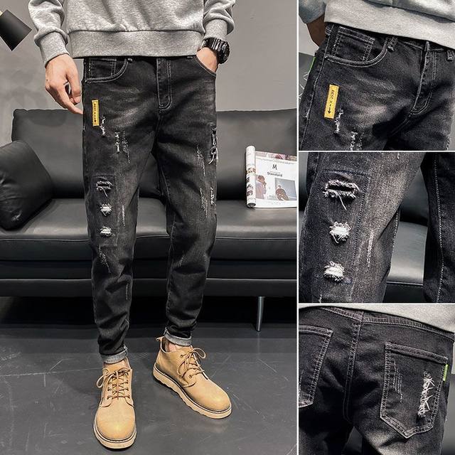 Autumn jeans men's ripped patches slim fit small feet Korean style trendy elastic casual versatile men's trendy brandy