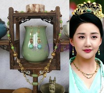  White hair trace incense Chen Xinyu earrings necklace of the same style Pure copper natural stone glass ancient costume Hanfu soft jade earrings