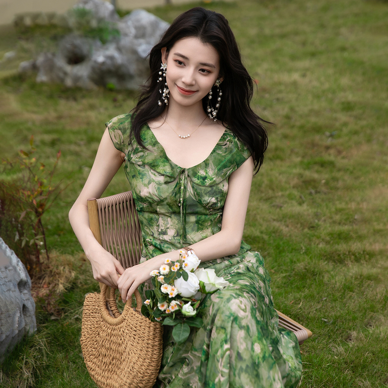 Shiwumeng 2026 Stunning Dress for Women, Summer Green Pastoral Romantic Rose Print One-Piece Vacation Long Dress