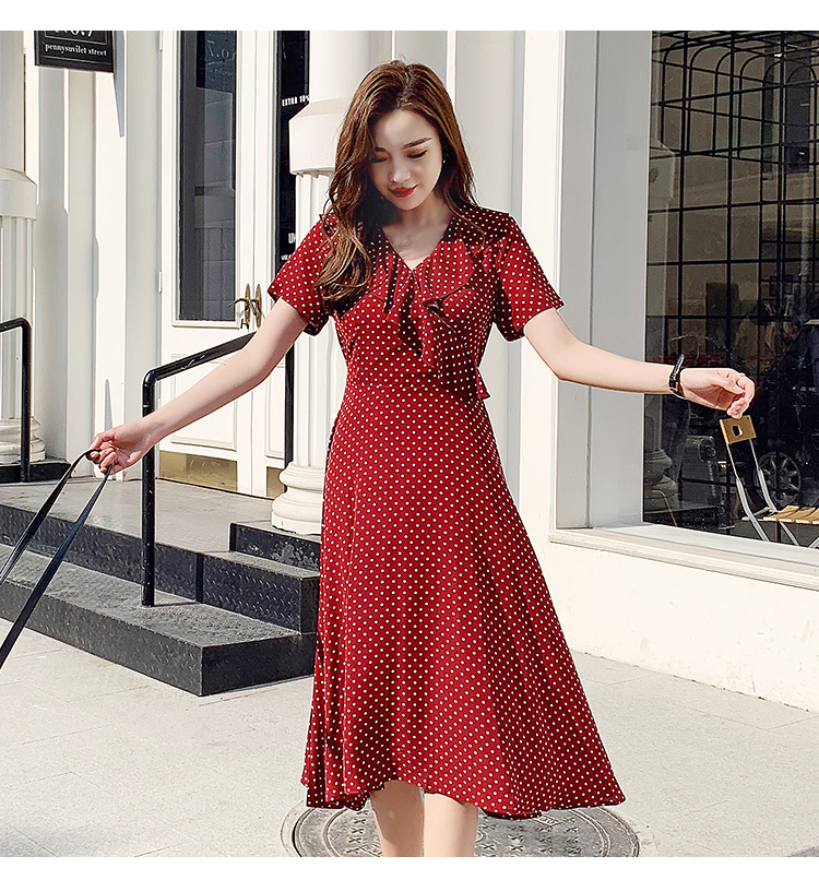 VK旗艦店 韓系荷葉V領波點雪紡長版氣質顯瘦短袖洋裝
