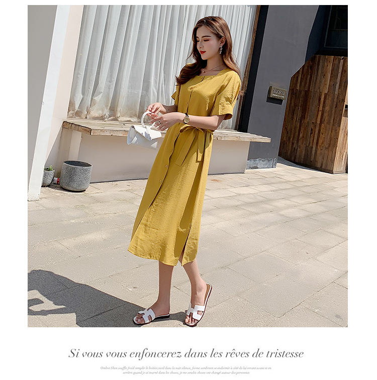 VK旗艦店 韓系純色收腰系帶復古修身氣質顯瘦短袖洋裝