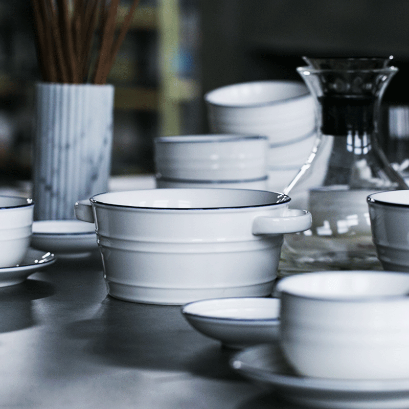 Eat BB round wire ceramic tableware suit household white blue line dishes dish soup bowl disk to use