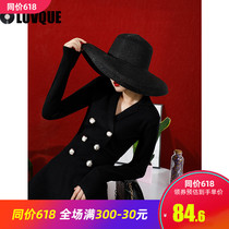  French Hepburn style 2021 autumn new temperament goddess fan double-breasted V-neck knitted dress female spring and autumn