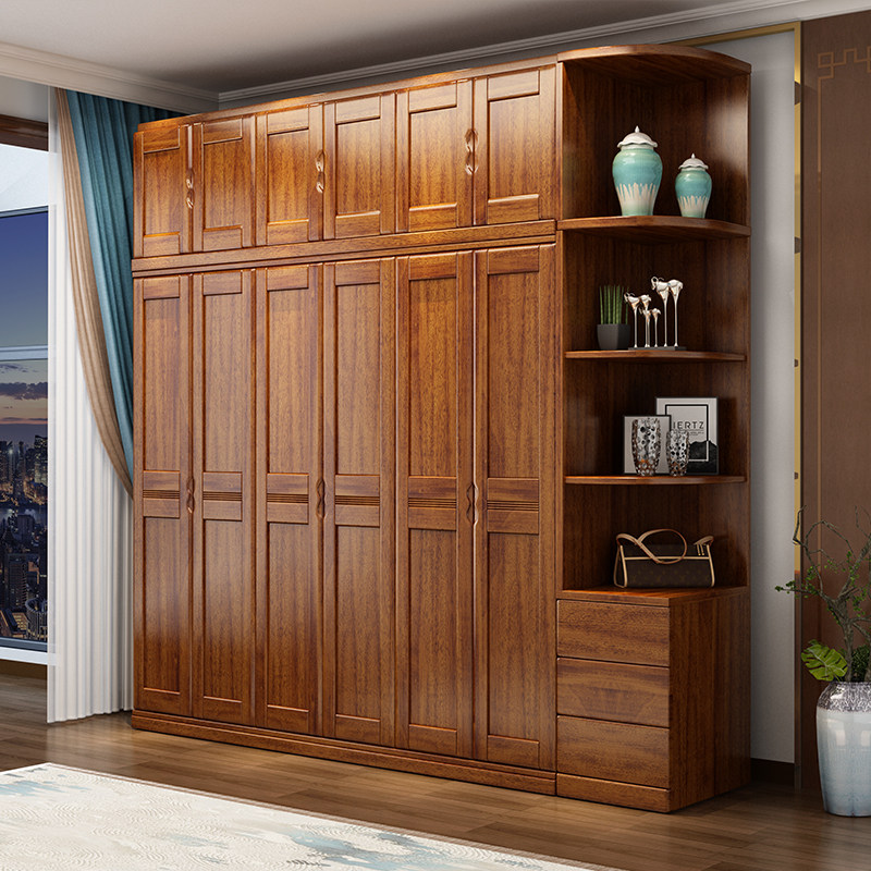 New Chinese solid wood wardrobe walnut wood pair open door modern minimalist overall bedroom furniture wood large closet portfolio-Taobao