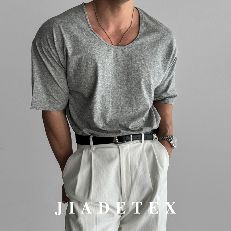 *Jiade* Niche Low-Neck Short-Sleeve T-Shirt for Men, Summer Fitness, Muscle-Enhancing, Loose Fit, Large Neckline, High-End
