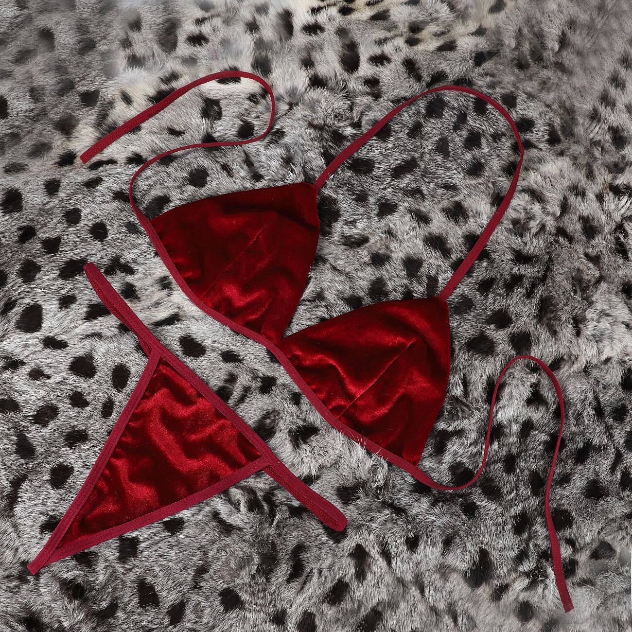 European and American Tiny pants women feel transparent velvet cloth strap Three-point style suit Female perspective lingerie bright light bikini