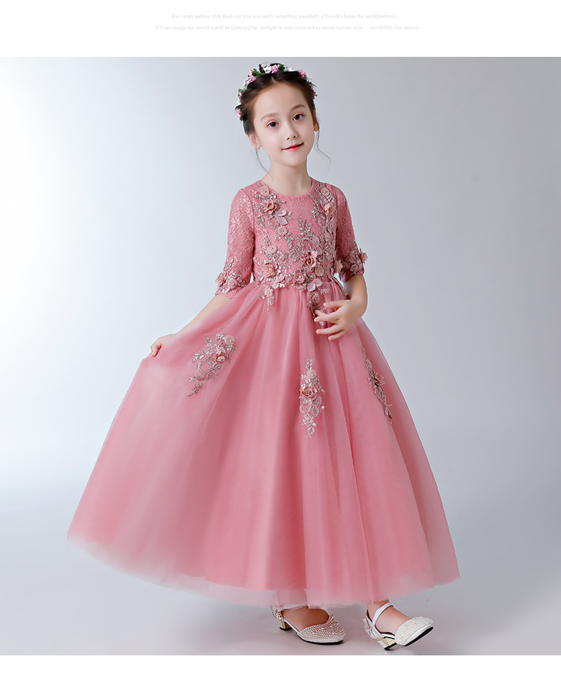 Childrens Girls Elegant Embroidered Floral Ball Gown Wedding Party Dress ZG9