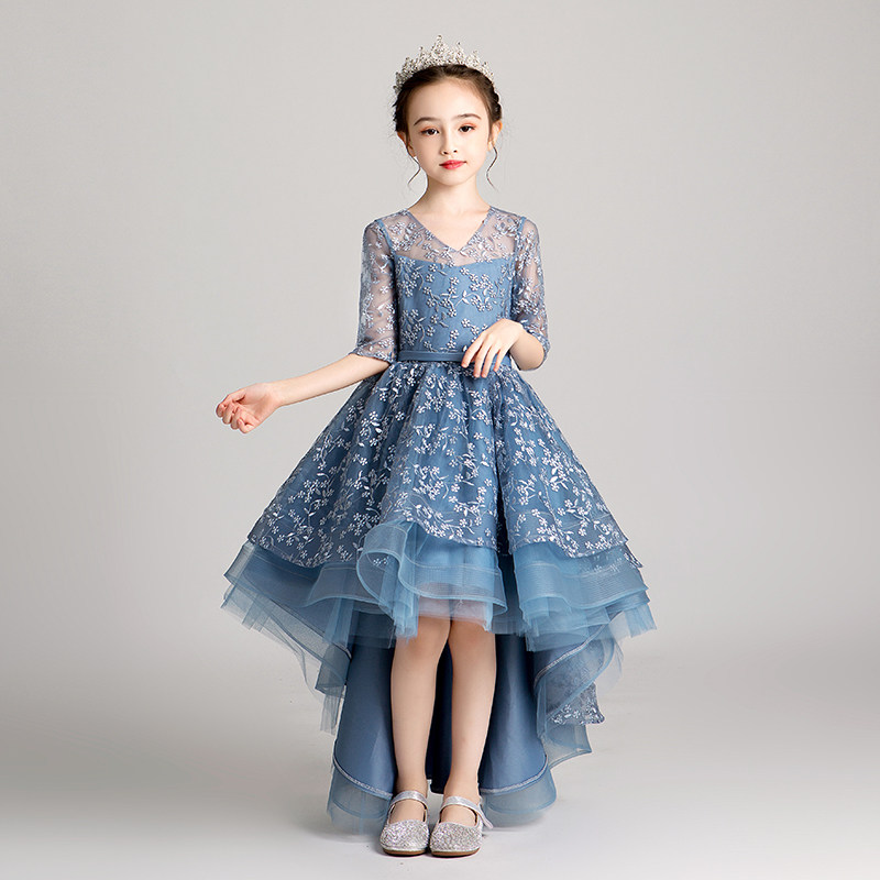 Children's Gown Princess Dresses Dress Girl Fluffy Yarn Birthday Little Girl Blue Florist Wedding Piano Out of Long sleeves