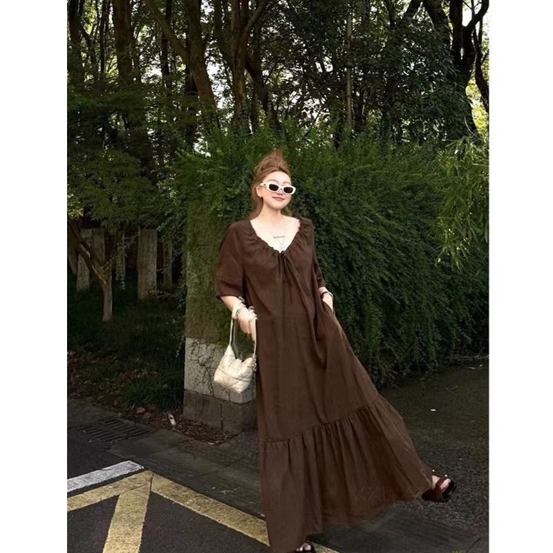 Plus Size 150kg French Hepburn Style V-Neck Dress for Women, Spring and Autumn, Loose Fit, Slimming, Drawstring, Elegant Long Dress
