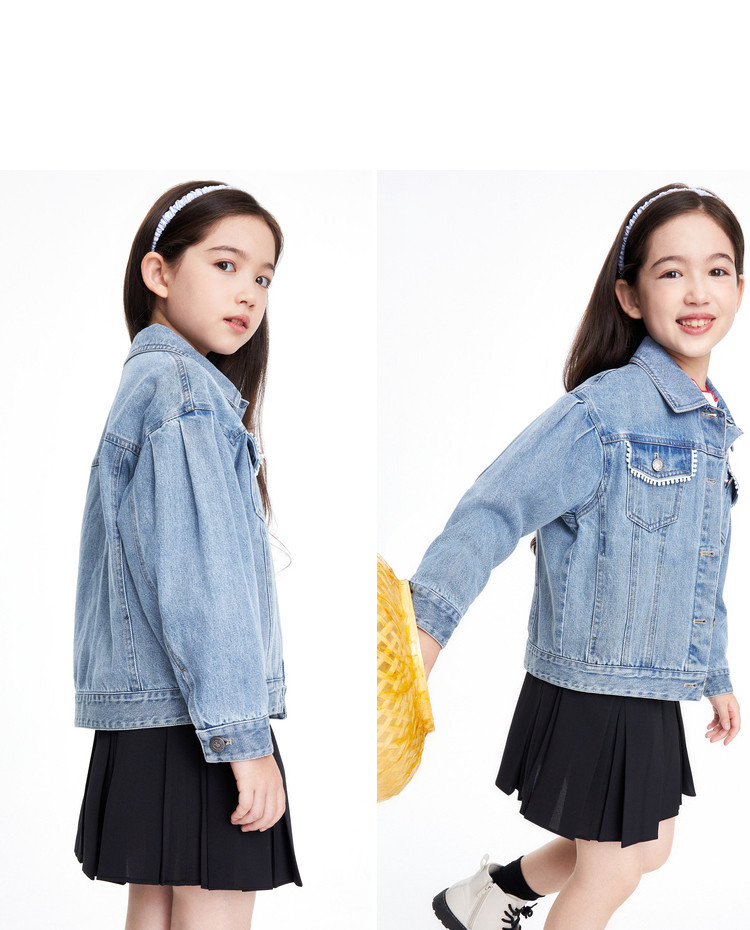 Детская куртка Жан 安奈儿女童装短款翻领浅色牛仔夹克外套春秋季款甜美时尚上衣 Annil