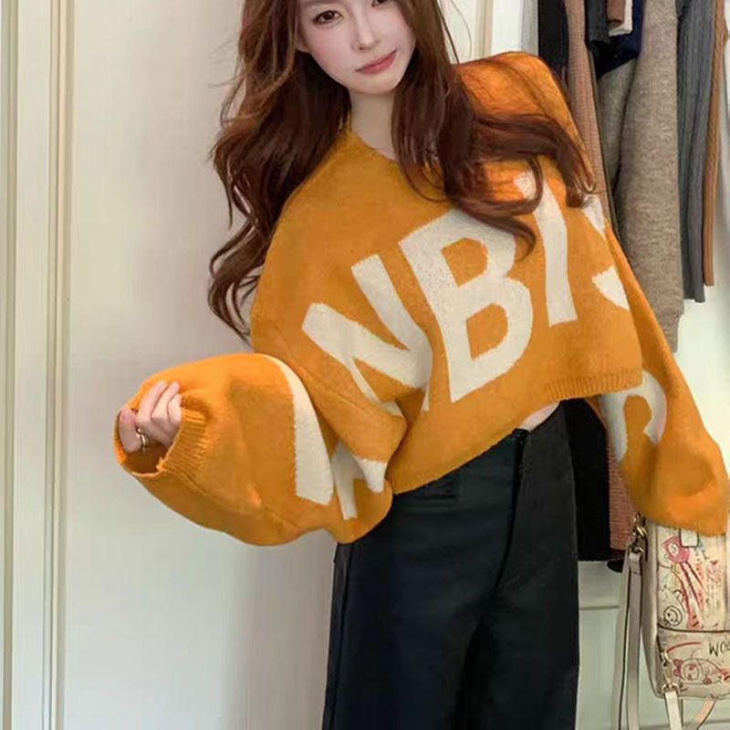 Korean Letter Print Short Sweater for Women, Autumn Design, Batwing Long Sleeves, Loose Pullover Knitwear, Shawl Cover-Up Top