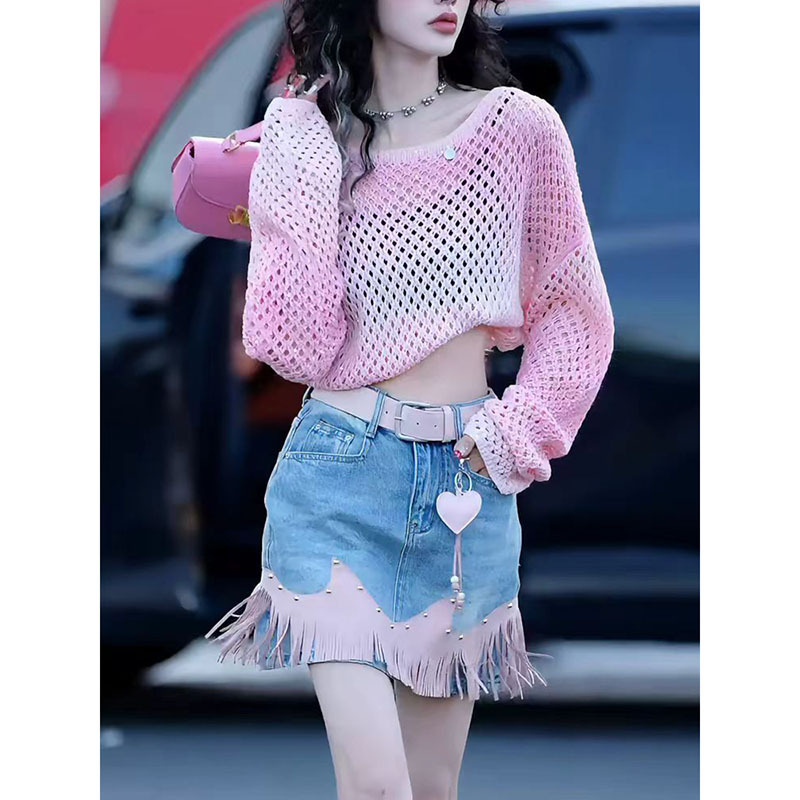 Energetic Gradient Pink Age-Reducing Sequin Hollow-Out Long-Sleeve Knit Top for Women, Versatile Thin Sun-Protective Cover-Up for Spring and Summer Energetic Gradient Pink Age-Reducing Sequin Hollow-Out Long-Sleeve Knit Top for Women, Versatile Thin Sun-Protective Cover-Up for Spring and Summer