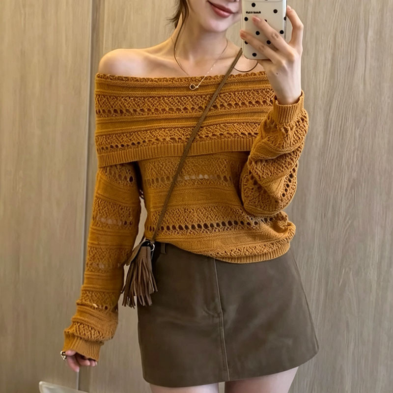 Korean-Style Gentle Off-Shoulder Hollow-Out Crochet Long-Sleeve Knit Top for Women, Early Autumn Vibe, Thin Sweater, Slimming and Versatile