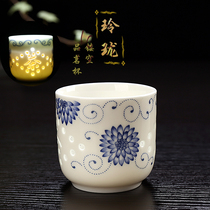 Blue and white porcelain tea cup flat Cup ceramic kung fu tea set hollow honeycomb exquisite crystal cup tea cup Japanese Cup