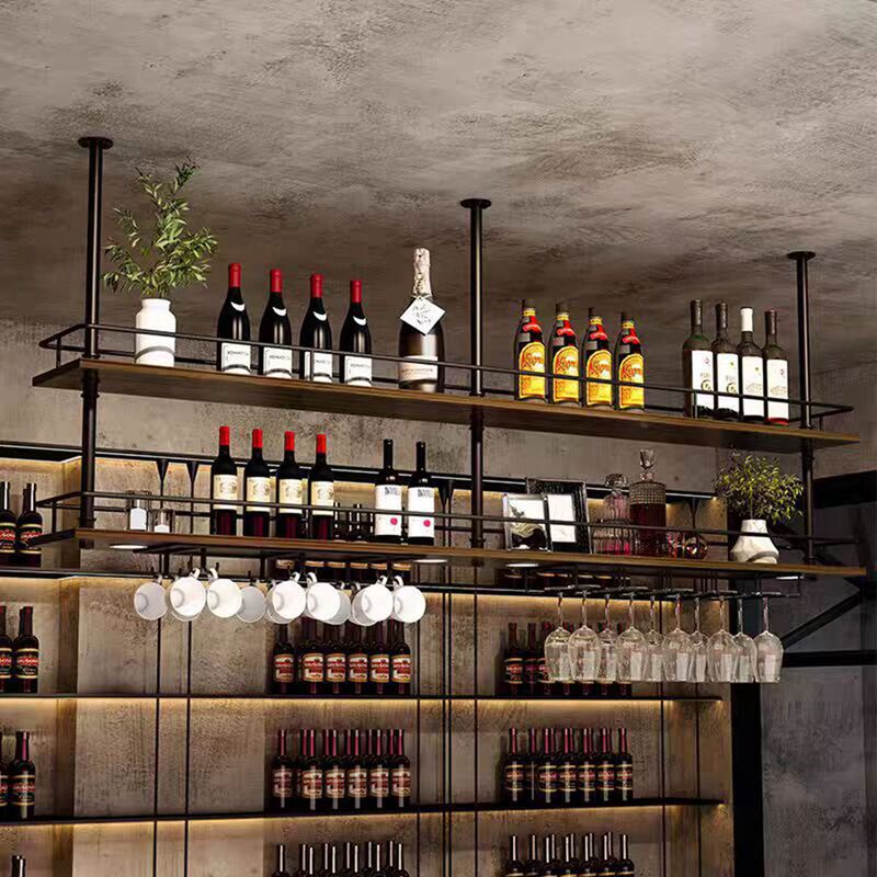 Solid Wood Metal Hanging Rack Storage Rack Bar Counter Restaurant Bar Hanging Ceiling Cabinet Wine Rack Hanging Creative Hanging Rack