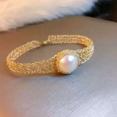 lady su original hand made 14K gold silk woven craft hand bracelet Pearl hand bracelet