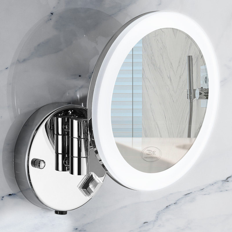 Frameless LED makeup mirror with light mirror, foldable telescopic mirror, wall mounted bathroom magnifying beauty mirror