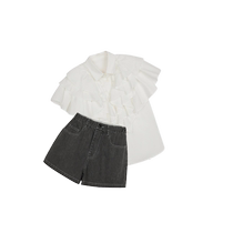 Suit] Jiangnan Buyi childrens clothing ruffled short-sleeved denim shorts two-piece set for girls jnbybyjnby
