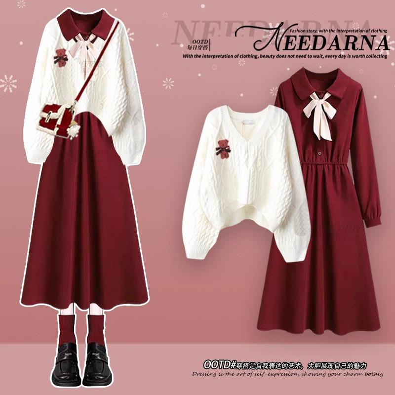 Girls' Outfit Set, French-Style Dress, Rich Girl's Christmas Red Dress, Autumn and Winter Elegant Sweater Long Dress