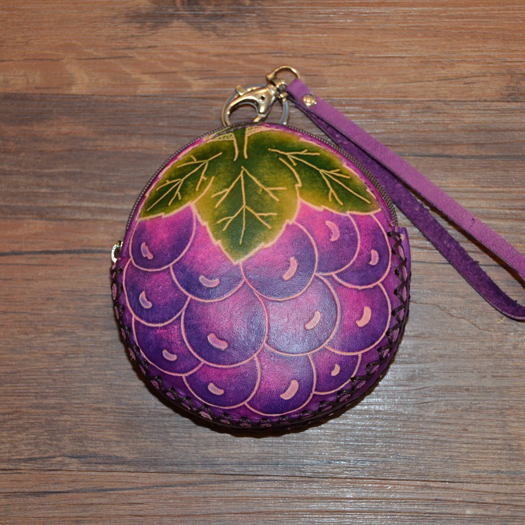 Pure Handmade Cartoon Bull Leather Coins Bag Key Bag Fruits Genuine Leather Zero Wallet Women Mini-Purse Grape