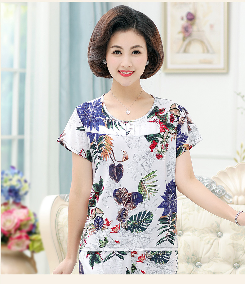 Mùa hè cotton ngắn tay của phụ nữ mỏng trung niên bông lụa đồ ngủ tops của mẹ mảnh duy nhất để tăng giản dị quần áo khách