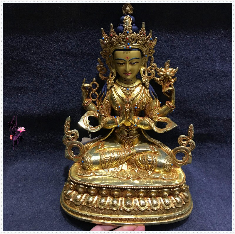 Edge Raw Buddha Tibetan Buddhism Nepal Handmade Four-arm Guanyin Buddha statue pure copper All-of-the-body gold Mio Jin Myong for Buddha ruler