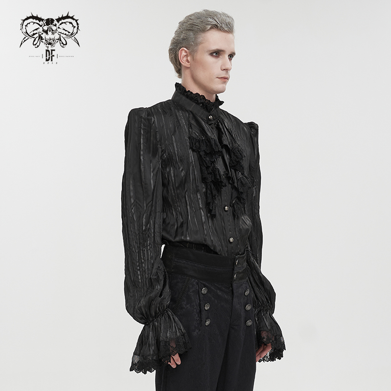 Steel Lord Gothic Victorian Punk Spring Shirt Stand Collar Long Sleeve Slim Fit Lace Black Ruffle Detail