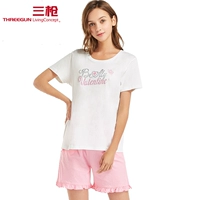 Ba bộ đồ ngủ nữ cotton chính hãng quần short ngắn tay in lỏng hai mảnh cotton phụ nữ phục vụ nhà - Giống cái bộ mặc nhà trung niên