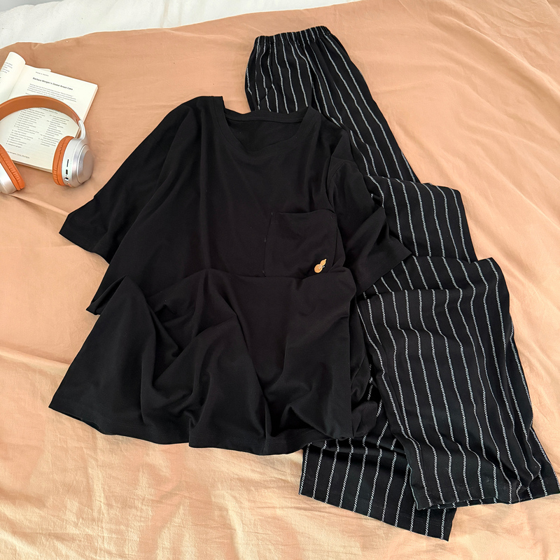 Men's Summer Pajamas Can Be Worn Outside, Large Size Short-Sleeved Long Pants, Modal Rayon 26 New Style Black Suit Home Wear