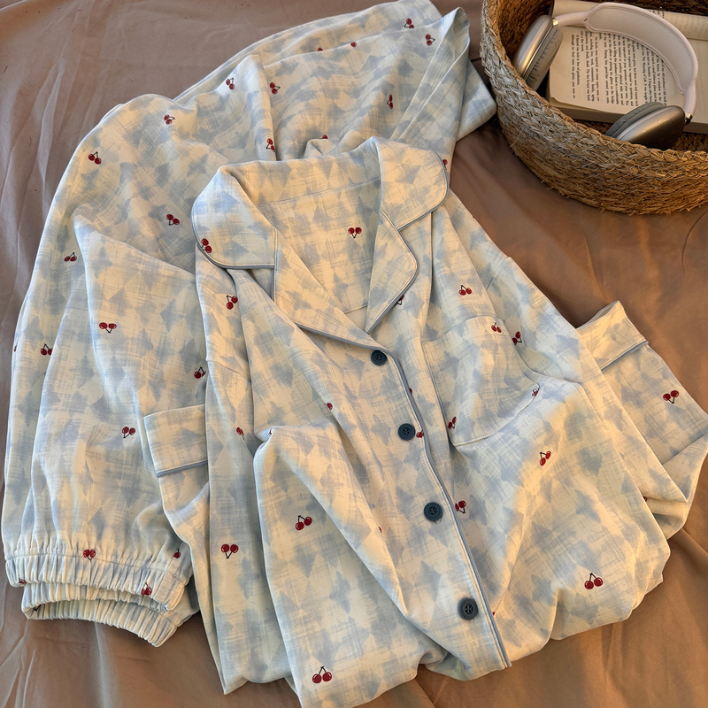 Women's Autumn Pajamas, Pure Cotton, Long-Sleeved, Plus-Size, Thin Cardigan, Can Be Worn Outside, New Model 26, Blue Base Cherry Set, Loungewear Women's Autumn Pajamas, Pure Cotton, Long-Sleeved, Plus-Size, Thin Cardigan, Can Be Worn Outside, New Model 26, Blue Base Cherry Set, Loungewear