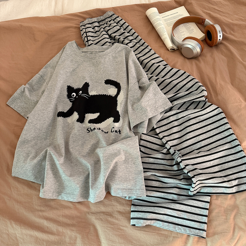 Pure Cotton Pajamas for Women, Spring and Summer Short-Sleeved Long Pants, Can Be Worn Outside, 2026 New Large Size Gray Pattern Black Cat Set Loungewear